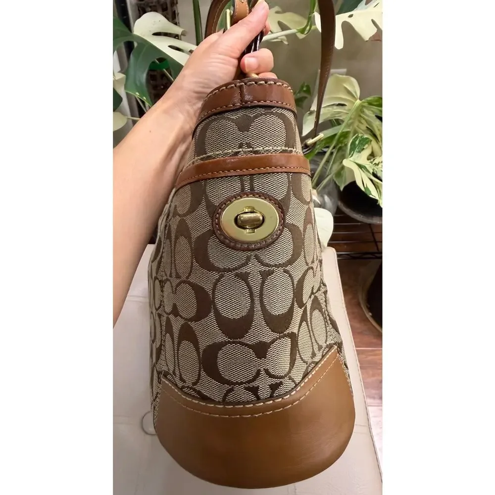 Coach Shoulder Bag Logo Pattern Leather Trim Gold Hardware Pockets